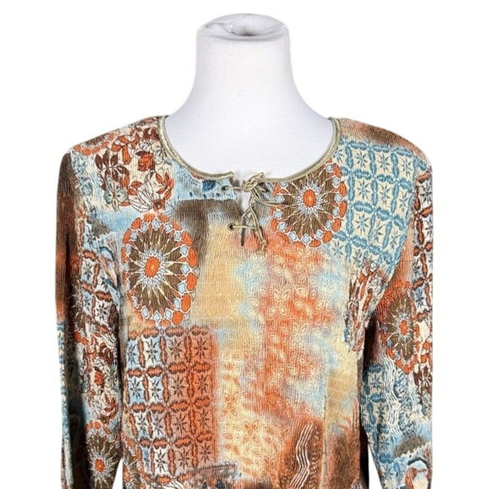 Autumn Sabre UM Company Women L Patchwork Crinkle Lace Up Long Sleeve Top Orange